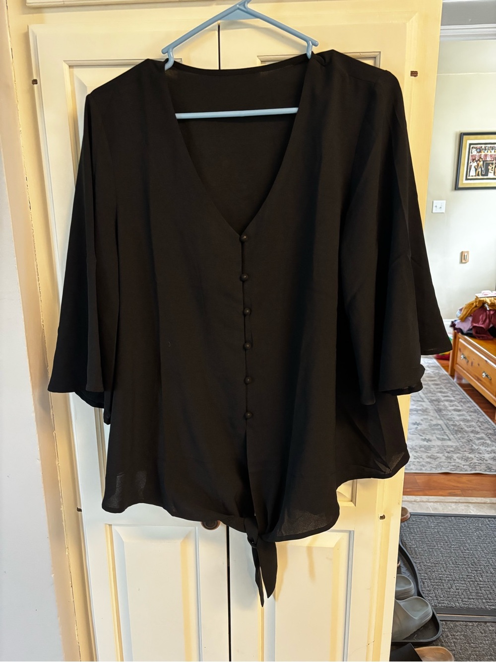Black Tie-Front V-Neck Women's Top